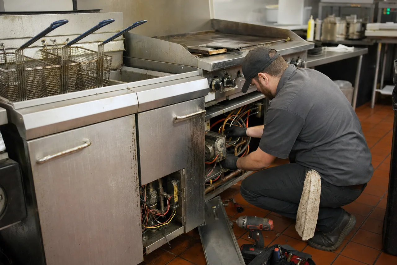 Technician servicing a commercial fryer and range line