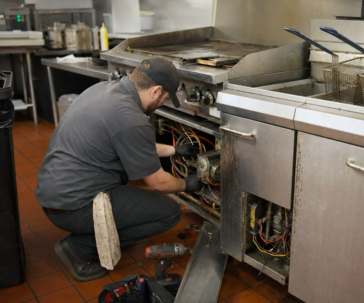 Technician servicing a commercial fryer and range line mid-repair