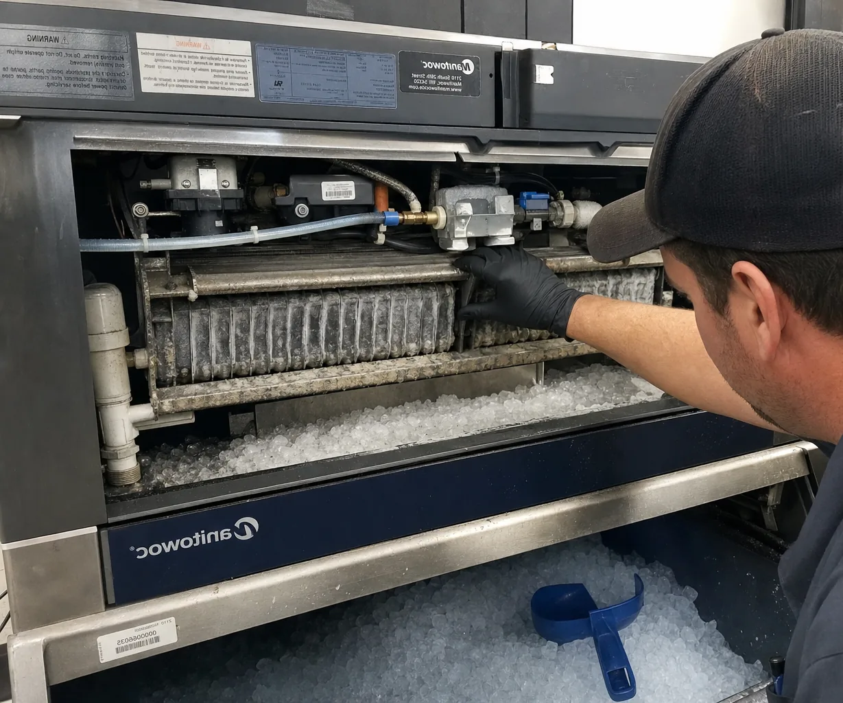 Technician servicing a commercial ice machine up close