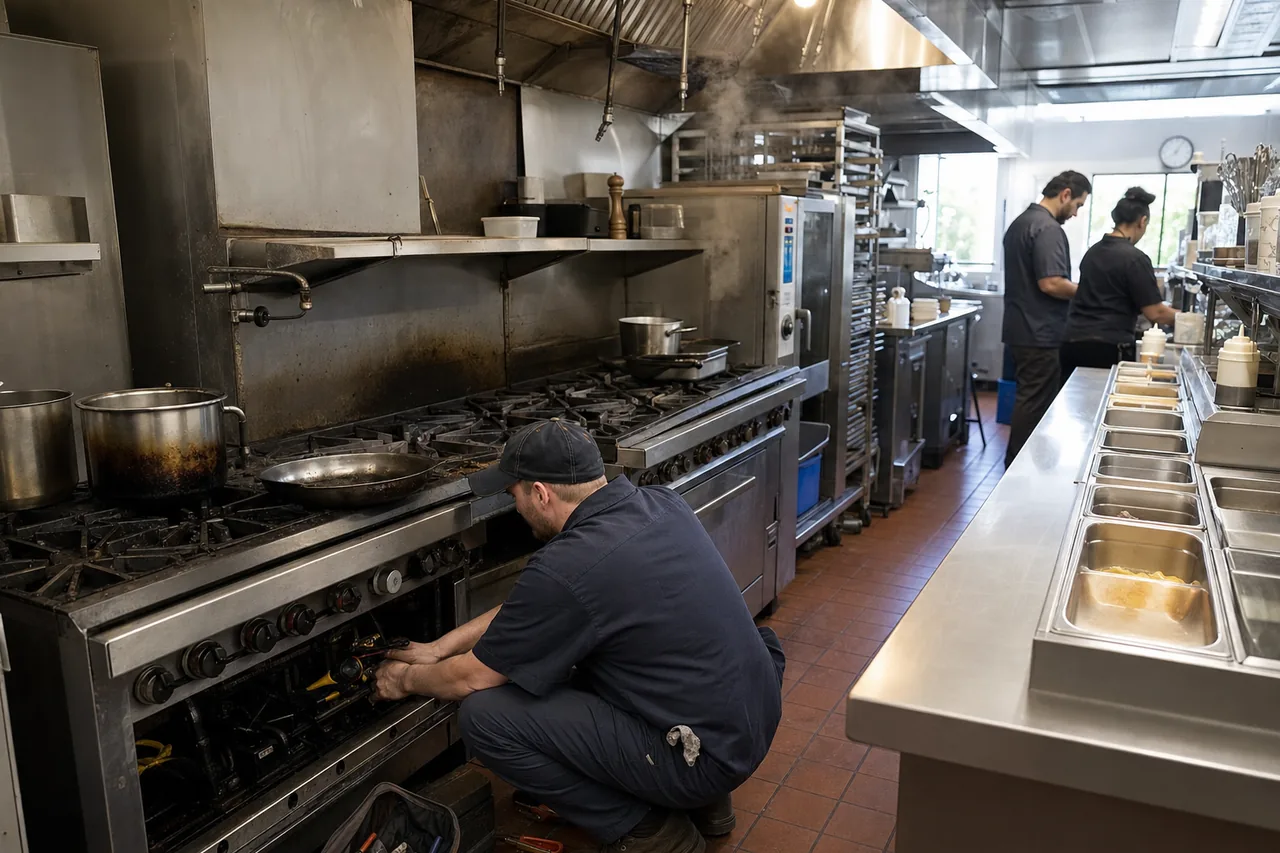 A stainless commercial kitchen line mid-repair