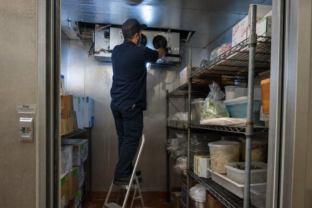 Technician servicing a walk-in cooler